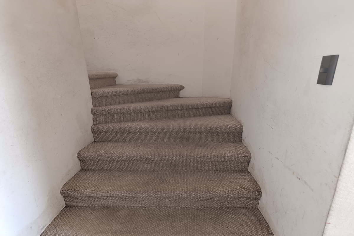 Escalera de acceso al segundo piso alfombrada